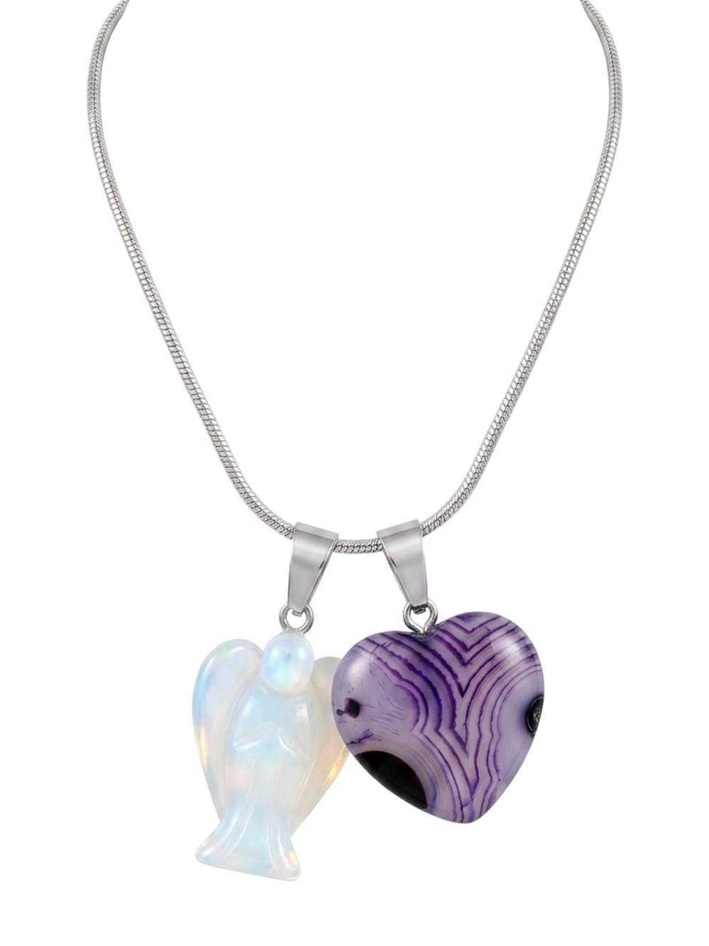 Boho Opal Crystal Angel & Purple Agate Heart Sterling Silver Necklace 16”